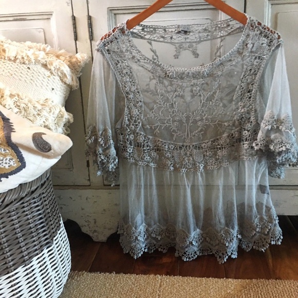 Tops - Last One! Lace Crochet Sage Festival Boho Blouse
